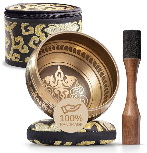 Conjunto de Cuenco Tibetano: Fácil de Tocar - Doble Batidor - Crea un Hermoso Sonido para la Sanación Holística, Alivio del Estrés, Meditación y Relajación - Patrón de Paz - Cuenco Dorado con Caja