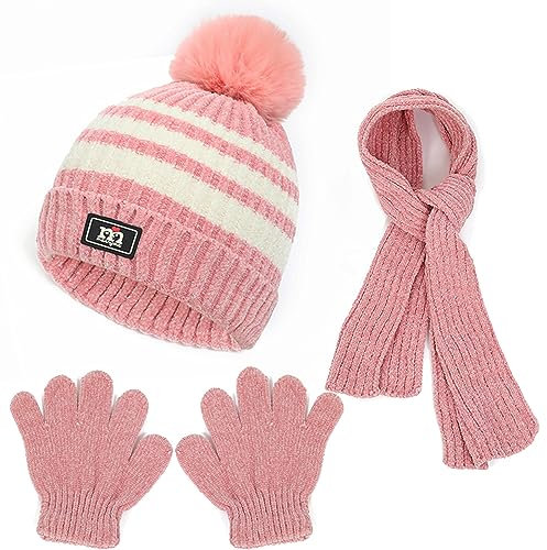 Baynetin Kinder Pom Mütze Schal Handschuhe Set,Warme Streifen Beanie Wintermütze Lange Schal und Handschuhe Set für 2-8 Jahre Jungen Mädchen Winter Accessoires Sets Outdoor Sport (Rosa)