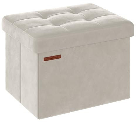 SONGMICS Sitzhocker mit Stauraum, kleine klappbare Sitzbank, 31 x 41 cm Fußbank, Aufbewahrungsbox, bis 130 kg belastbar, für Wohnzimmer Schlafzimmer Schlafsaal, cremeweiß LSF200W01