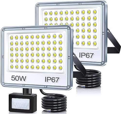 TASINUO 50W Security Lights Outdoor Motion Sensor 2 Pack, 5000LM LED Floodlight with PIR, IP67 Waterproof Flood Lights Motion Sensor for Garden Patio Yard