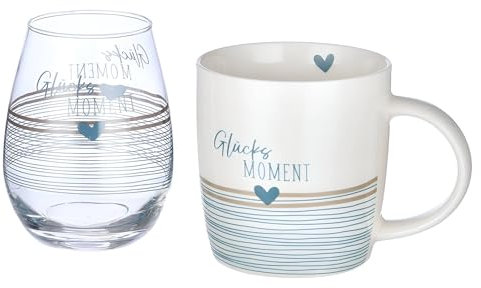 GILDE - 2er Set, Tasse und Glas, mit Geschenkkarton, Glücksmoment, Tasse Porzellan: H 9,3 x D 8,8 x B 12,5 cm / 350 ml Füllmenge, Glas: H 10,5 x D 8 cm / 300 ml