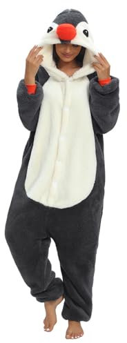 Halloween Schlafanzug Onesie Damen Pinguine Oversized Karnevalskostüm Unisex mit Kapuze Taschen Pyjamas Jumpsuit Overall