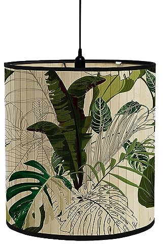 FANSU Abat-Jour en Bambou Classique Tambour Abat-jour, imprimé feuille de palmier Remplacement Abat, Jour Fait à la Main,pour Lampe de Table/Chevet,Suspension,Lampadaire (vert foncé,30x30x30cm)