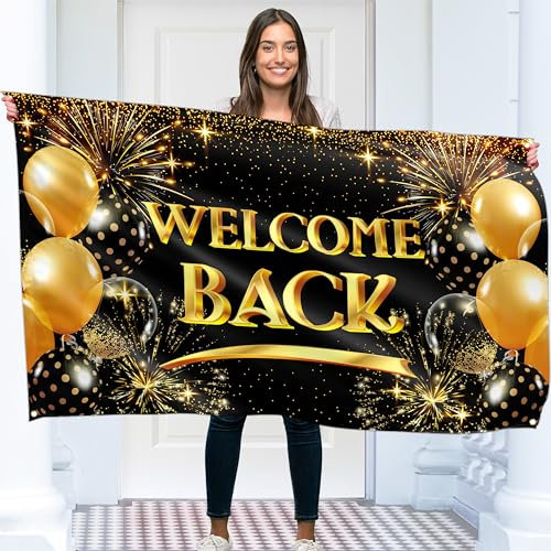 Willkommen Zurück Banner 150 x 90 cm – Herzlich Willkommen Girlande – Willkommen Zuhause Deko – Lebendiger Digitaldruck – 110 Den Polyester – Doppelnaht (Schwarz & Gold)