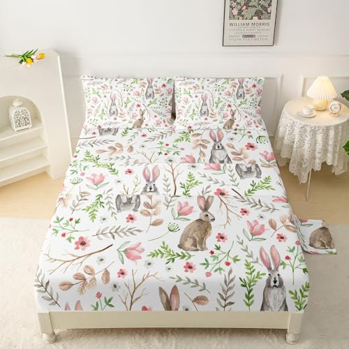 QOOMO Cartoon Kaninchen Muster Seidig Weiche Mikrofaser Bettwäsche Pflanzen Blumen Weiche Kinder Bettwäsche Set Niedliche Häschen Natur Tiere Raumdekoration Queen Size 1 Spannbetttuch, 1 Bettlaken, 2