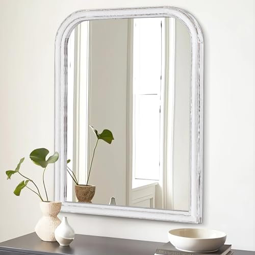 Espejo de pared con marco de madera blanca de 65 x 45 cm, espejo rectangular redondeado grande rústico para dormitorio, baño, sala de estar, espejo de tocador para colgar