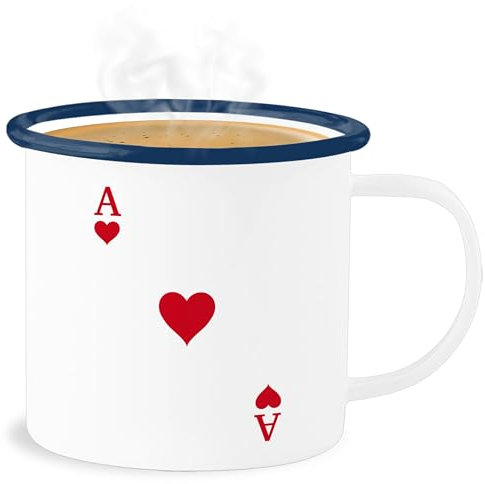 Emaille Becher Blechbecher - Karneval & Fasching - Tassen - Spielkarte Herz Ass Kartenspiel I Ace of Hearts I Poker Playing Cards - 300 ml - Weiß Blau - fasching- a tasse carnevale heart karnevals