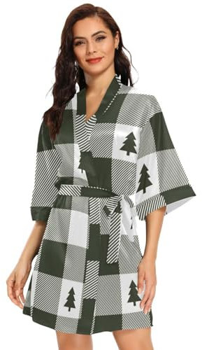 FRODOTGV Grün Weiß Weihnachtsbaum Plaid Frauen Kimono Roben Morgenmantel V-Ausschnitt Loungewear Weiche Nachtwäsche, Grün-weißes Weihnachtsbaum-Plaid, S