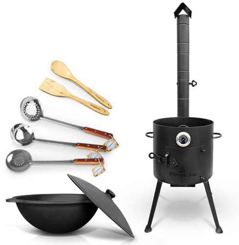 ZARENHOFF Set - Usbekischer Gusseisen Kasan 10 L runder Boden, Deckel aus Aluminiumguss Schaumlöffel Schöpfkelle Holzspachtel Holzlöffel Thermometer (298)