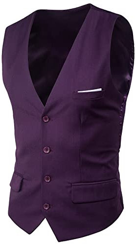 Gilet da uomo con scollo a V, gilet monopetto casual, tinta unita, senza maniche, con colletto a V e tasche finte, alla moda, gilet da lavoro, gilet per sposo nuziale., Viola, XXL
