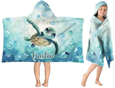 SearchI Kinder Kapuzen Strandtücher Personalisierte,Schnelltrocknend Kinder Poncho mit Kapuze Weich Badetücher Badehandtuch Handtücher Jungen Mädchen für Strand Bad Schwimmbad,Meeresschildkröte