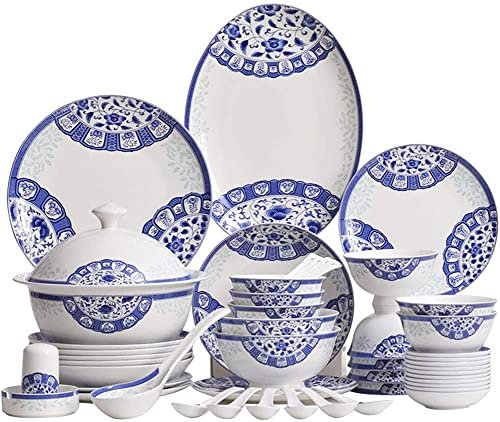 Set di piatti piani in ceramica Creativity, servizio di stoviglie da 58 pezzi per 6-8 persone, set di ciotole e piatti in porcellana con motivo blu e bianco