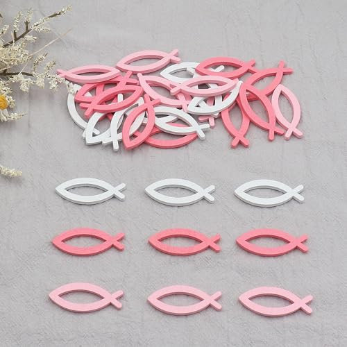WANYI 90 Stück Fisch Deko Holz Tischdeko Konfirmation Streudeko Taufe Deko Holzfische Kommunion für Mädchen Junge Taufedeko (weiß, rosa, hellrosa)