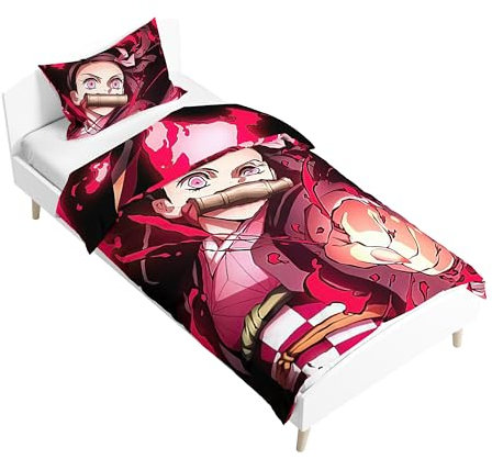 Zhongkaihua Kamado Nezuko Bettwäsche-Set, 2-teilig, enthält 3D-Anime-Motiv, doppelseitiger Druck, wendbarer Bettbezug und Kissenbezug, 135 x 200 cm, Einzel-Bettwäsche-Set, mehrfarbig
