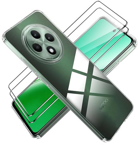 Funda OPPO Reno 12 F 5G/OPPO Reno 12 FS 5G con 2 Piezas Protector de Pantalla Cristal Vidrio Templado Transparente TPU Soft Incorporado Cover Anti-rayones, Anti-Amarilleo Protección Bumper