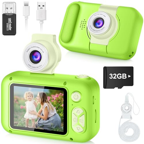 ARNSSIEN Appareil Photo Enfant Filles et Garçons de 3 à 12 Ans, Appareil Photo pour Enfant avec Objectif Pivotant 180° et Écran IPS 2,4 Pouces,Cadeau d'anniversaire ou Fête,Carte de 32GB,X101