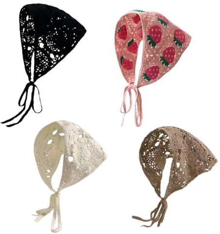 CWPFVQA 4 Pañuelos Triangulares De Punto, Versátiles, Unisex, Negro, Estampado De Fresas, Gorros De Moda Para Mujer