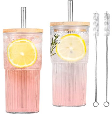Forhandy 2 Stück 650ml Glasbecher mit Deckel und Strohhalm, Trinkgläser mit Deckel Verdicken Mason Jar Große Kapazität Glas, Eiskaffee Becher Gläser Trinkglas mit Strohhalm und Deckel