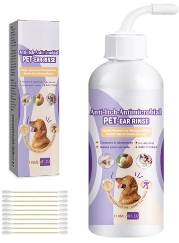 KMANGMAN 118 ml Limpiador Oidos Perros+10 Pcs Hisopos de Algodón Doble Punta Limpieza de Perros 7.1 cm,Limpiador Orejas Perros,Limpiador de Oidos Gatos,Limpiador de Orejas Perros,para Mascotas