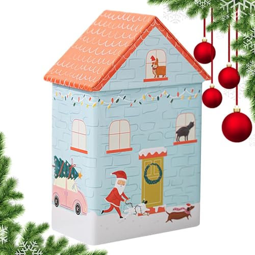 Latas de galletas de Navidad | Latas de metal para galletas de Navidad, suministros divertidos de Navidad, caja de caramelos, bonitos recipientes de almacenamiento de dulces en forma de casa para