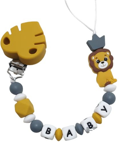 Silikon Schnullerkette mit Wunschname – Löwe Motiv – Personalisierter Schnullerhalter – BPA-frei & Handgemacht – Ideales Babygeschenk zur Geburt oder Babyshower (Senf)