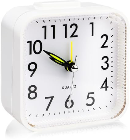 Small Silent Travel Alarm Clock, Bedside LED Little Light Luminous Non Ticking Battery Operated Quiet Display Analogue Alarm Clocks with Nightlight Function for Heavy Sleepers Bedroom Travel (White)
