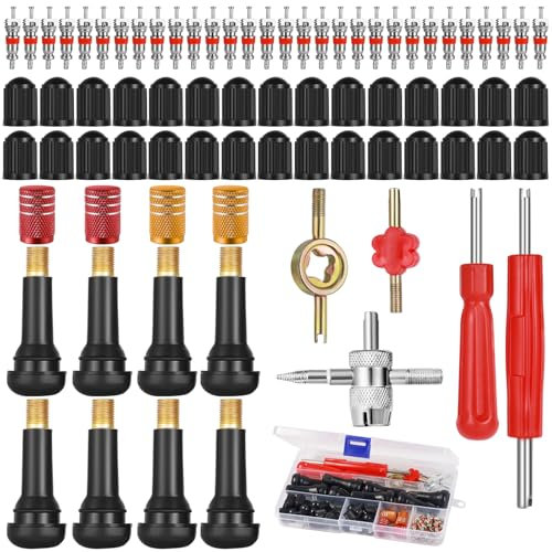 MirraSwit 77 Pcs Car Tyre Valve Removal Tool Set, Tyre Valve Repair Kit, Schrader Valve Removal Tool, Valve Cores, Tire Valve Caps for Bicycle Auto Car