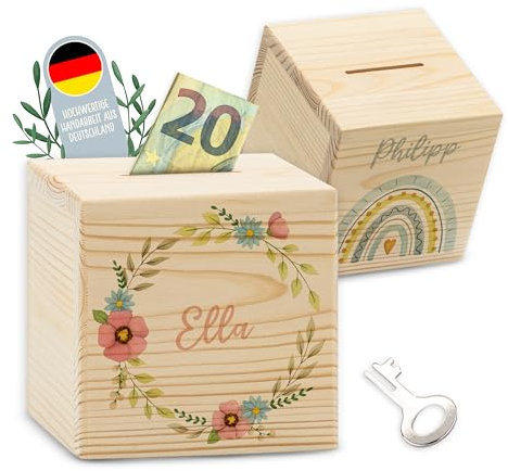 Lilletå ® Personalisierte Spardose (003.04) 10 x 10 cm – Holz Sparbox - Goalsaver Box - Sparbüxe für Kinder – Sparschwein, Geld Sparen Box, Money Box, Geldsparbox
