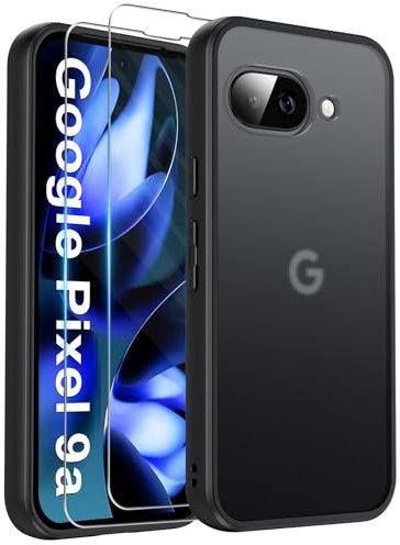 FLLAO Matt Handyhülle für Google Pixel 9a Hülle und 2 Schutzfolie, mit Kameraschutz [Militärnorm Schutz] urchscheinende PC Rückseite TPU Bumper Hülle für Google Pixel 9a- Schwarz