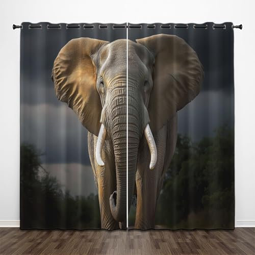 CEDNXOER Vorhänge Blickdicht 3D Druck Wald Tiere Verdunkelungsvorhang Für Kinderzimmer, Elefant Fensterdekoration Gardinen Mit Ösen H 245 x B 140 cm 2 Stücke Schallschutz Vorhang