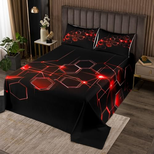 Loussiesd Honeycomb Tagesdecke 220x240cm für Kinder Mädchen Jungs Teens Rot Neon Hexagonal Muster Wohndecke Geometrische Wabe Bettüberwurf