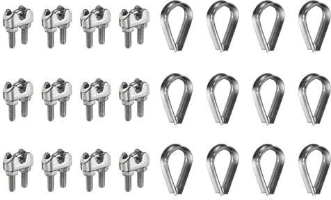 QUARKZMAN 12 Pezzi M3 Set di Serrafili e Gazzette in Acciaio Inossidabile, 1/8 Serrafili a U per Cavi, Fissaggio a Sella per Cavi, Sistema di Ringhiera e Corda per Tenda