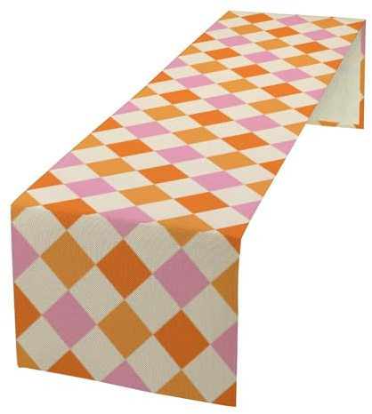 FengMingRui Hippie-Tischläufer im Retro-Stil der 70er-Jahre, geometrisches quadratisches Gitter, Gelb / Orange / Rosa, 1960er-, 70er-Jahre-Stil, Landhausstil, für Wohnzimmer, Küche, Party, Urlaub, 33