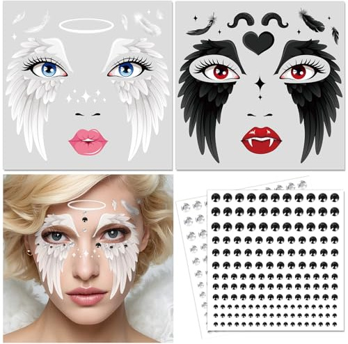 DPKOW Schwarz Weiße Engel Gesicht Tattoo Halloween Make-up Zubehör, Kinder Damen Engel Kostümzubehör Halloween Gesichtstattoos Schminke Engelsflügel Cosplay Karneval Zubehör, mit Glitzersteine Gesicht
