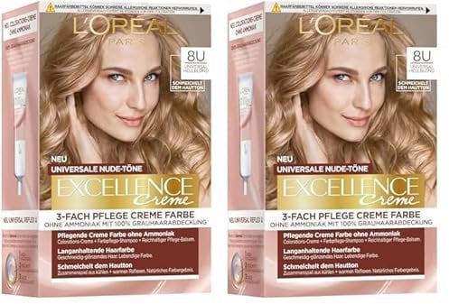 L'Oréal Paris Permanente Haarfarbe für jeden Hautton, Coloration ohne Ammoniak, Universale Nude-Töne mit vollständiger Grauhaarabdeckung, Excellence Creme, Nr. 8U Hellblond (Blond), 1 Stück