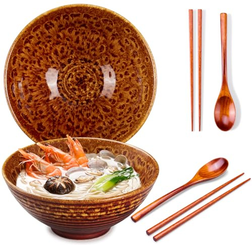 Ceraozmus 2x Ramen Schüssel Keramik - 1200ml - 20 cm -Mit Löffel und Essstäbchen for Ramen Soup Pho Udon Asian Noodles,Large Noodle Bowls (Fließendes Gold 2 Satz)