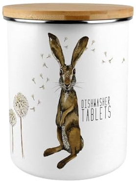 Purely Home Hares & Dandelions Dishwasher Tablets Canister - Countryside Animals Extra Large Enamel Kitchen Storage Container/Gift