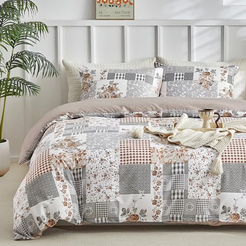 Lekesky Parure de lit double avec housse de couette à carreaux gris - Ensemble de literie 3 pièces en microfibre douce avec 1 housse de couette x 2 taies d'oreiller enveloppantes à fermeture éclair