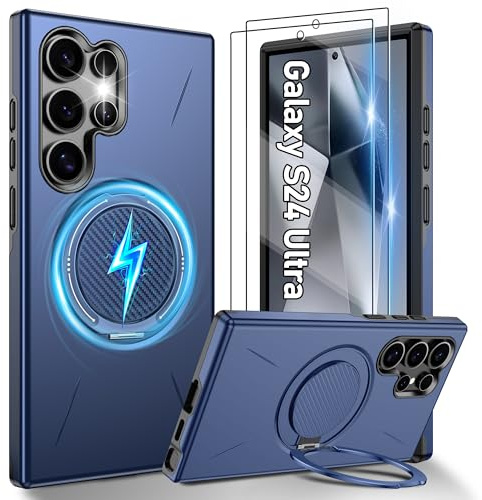 Gritup für Samsung Galaxy S24 Ultra Hülle für Magsafe mit 2 Stück HD-Bildschirmschutz, eingebauter Kickstand, Dual Layer Stoßdicht, Kamera Guard,Schutz in Militärqualität for S24 Ultra Case- Blau