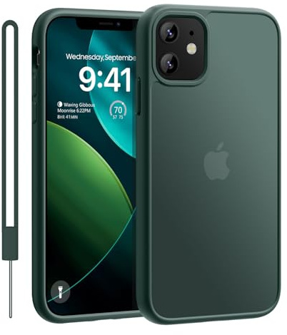 ORDA Matte Case for iPhone 12 / iPhone 12 Pro With lanyard,Shockproof Military Grade Drop Protection, Frosted Translucent Back Phone Cover for iPhone 12/12 Pro Case,Green