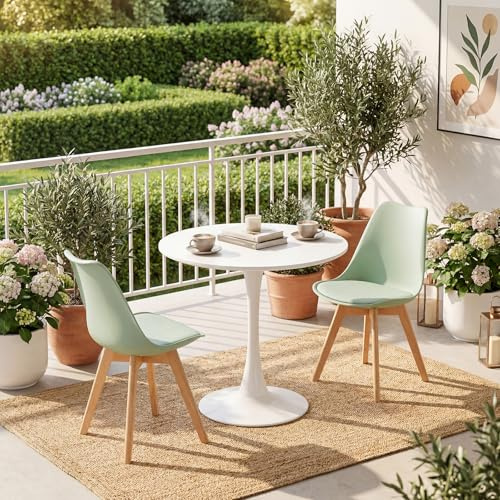 FURNITABLE Runder Esstisch mit 2 Stühlen Essgruppen,Küchentisch-2 Modern Essstühlen Sitzgruppe,für Sitzecke Küche,Wohnzimmer,Büro,Balkon,80cm(Weiß Tisch+2 Eiscreme Grün Stühle)