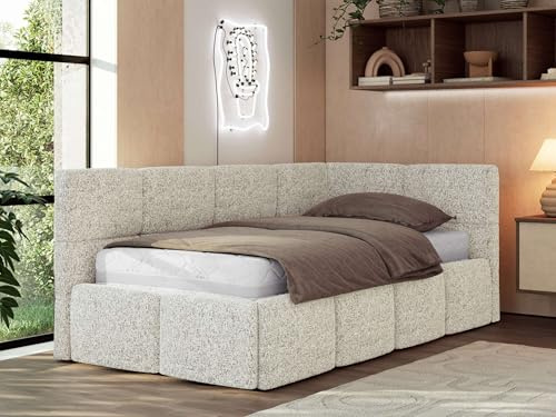 MKS MEBLE Jugendbett ARVO 90x200 cm mit Lattenrost und Bettkasten, Polsterbett mit gepolstertem Kopfteil und Gasdruckfedern, Eckbett mit Stauraum - ohne Matratze - Beige Strukture - Rechts Seite