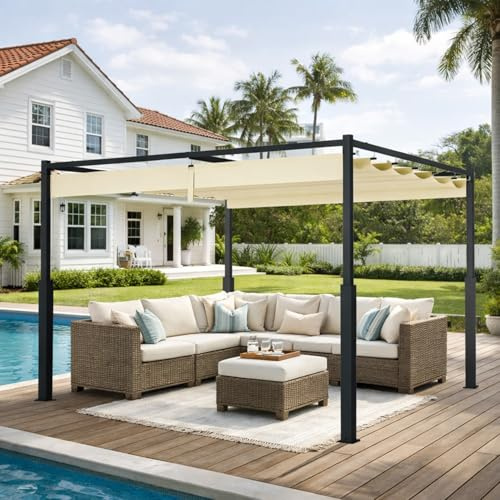 Hebitod Pergola 3 x 3 m avec fixation magnétique, toit pare-soleil réglable, protection UV UPF30+, imperméable, toit de terrasse autoportant, pour jardin, terrasse, piscine, beige
