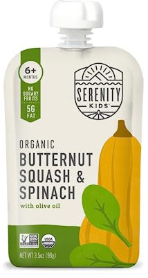 Serenity Kids Veggie Püree Babynahrungsbeutel, USDA Bio, ohne zuckerhaltige Früchte/Zuckerzusatz, BPA- und allergenfreier Beutel, Butternusskürbis und Spinat, 6 Stück, Butternusskürbis Babynahrung