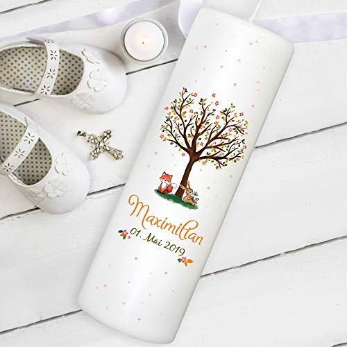 Wandtattoo Loft Taufkerze Junge Motiv Baum mit Hase und Fuchs, 25cm x 8cm, personalisierte Kerze, bedruckte Kerze zur Taufe, Stumpenkerze, individuelles Taufgeschenk
