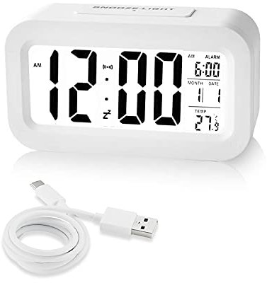 MOXTOYU Réveil numérique rechargeable, alimentation secteur avec luminosité réglable, affichage de la date et de la température 12/24 heures, fonction snooze pour chambre à coucher, maison, voyage,