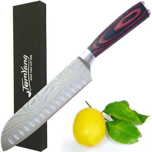 TomYang Santoku Küchenmesser - Küchenmesser aus deutschem Edelstahl mit ergonomisch geformtem Pakkaholzgriff und Damast-Gravur, Klingenlänge 17 cm