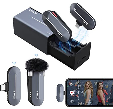 SYNCO Lavalier Mikrofon Kabellos【Type-C】, P1T 2.4GHz Smartphone Funkmikrofon Wireless mit Ladebox & 1*RX 1*TX, Kompatibel mit Smartphone Tablet, Mikrofon-Lavalier-Wireless-Funkmikrofon-Handy