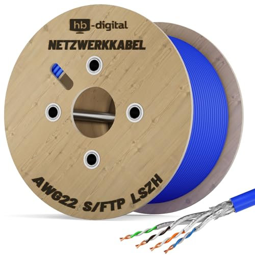 hb-digital 250m CAT 8 Netzwerkkabel LAN Kabel Verlegekabel Ethernet Installationskabel 40 Gbit/s AWG 22/1 reines Kupfer S/FTP LSZH BauPVO Klasse B2ca Datenkabel Simplex - Blau