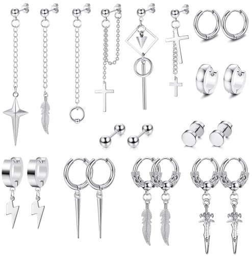 JeryWe 22 Stück Baumelnde Ohrringe für Herren - Edelstahl Scharnier Creolen, Lange Kette Ohrstecker, Kreuz Baumeln Set, Kpop Ohrringe (Silber)